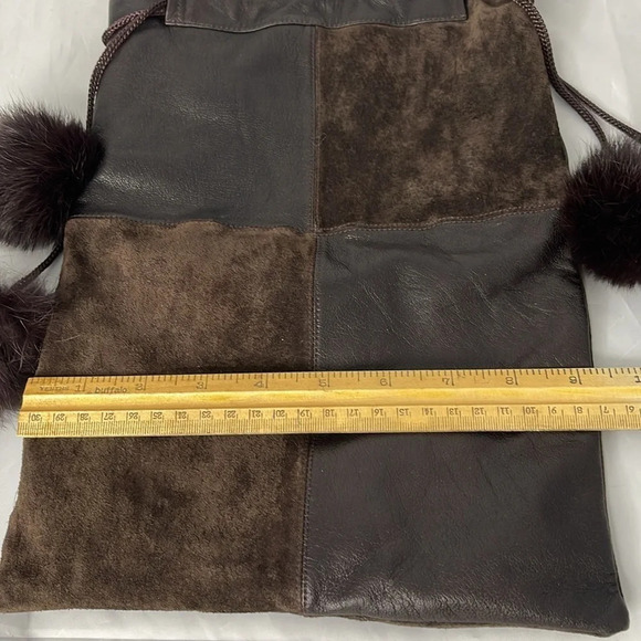 SHOE BAG Dark Chocolate Brown Pom Pom  Drawstring Genuine Leather Fur Patchwork - Picture 5 of 7